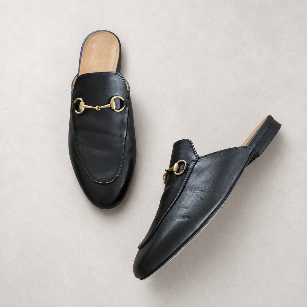 Gucci Princetown Leather Mule Loafer Slipper Womens EU 38/US 8 Black Italy Flat